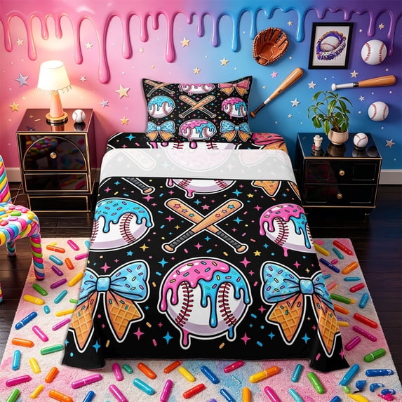 Castle Fairy Ice Cream Baseball Twin Sheets 3pcs, Cartoon Stars Print Bedding, Black Pink Blue,1 Fitted Sheet, 1 Flat Sheet and 1 Pillowcase