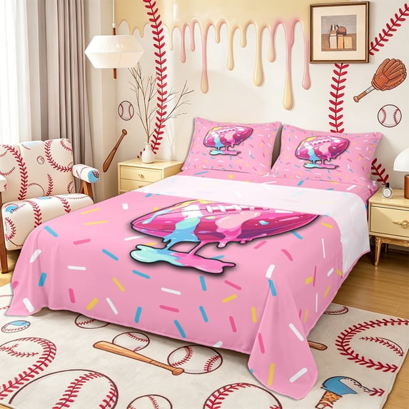 Castle Fairy Ice Cream Pink Baseball Queen Sheets 4 Pieces, Sport Rugby Queen Sheet Sets, Pink Blue,1 Fitted Sheet, 1 Flat Sheet and 2 Pillowcases