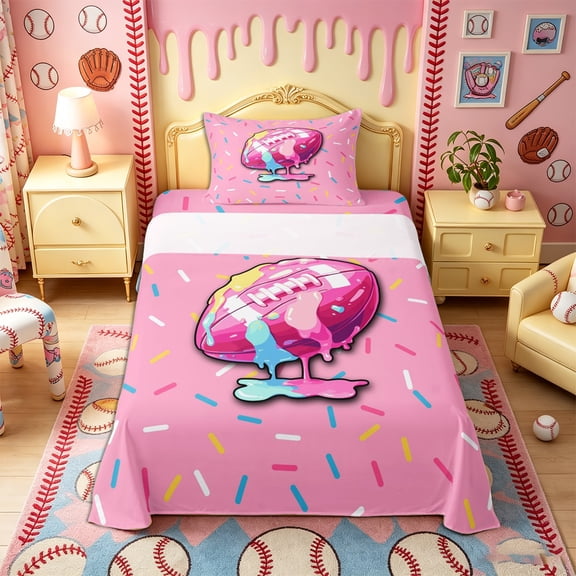 Castle Fairy Ice Cream Pink Baseball Twin Sheets 3pcs, Sport Rugby Bedding, Pink Blue,1 Fitted Sheet, 1 Flat Sheet and 1 Pillowcase
