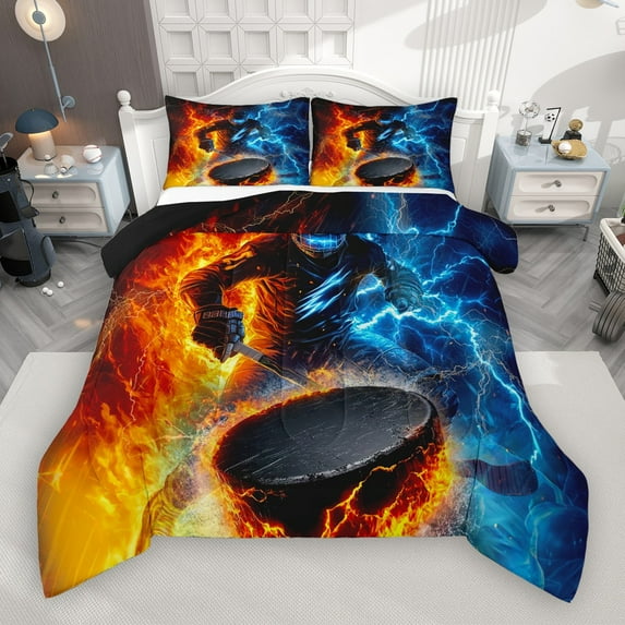 Castle Fairy Ice Hockey Boy Girl 2Pcs Bedding Comforter Set,Sport Gamer Twin Comforter Sets,Blue Orange Lightning Breathable Bedding Set,Lightweight Room Decor
