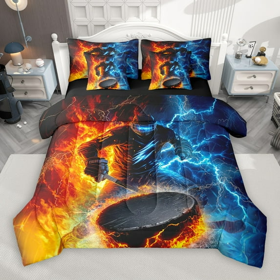 Castle Fairy Ice Hockey Boy Girl 7-Piece Twin Bedding Sets,Sport Gamer Bedding Comforter Set,Blue Orange Lightning Breathable Sheet Sets,Lightweight Room Decor