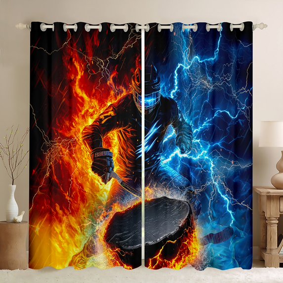 Castle Fairy Ice Hockey Boy Girl Curtains Pack Of 2 (42X84 Each),Sport Gamer Curtains Blackout,Blue Orange Lightning Bedroom Curtains,Lightweight Room Decor