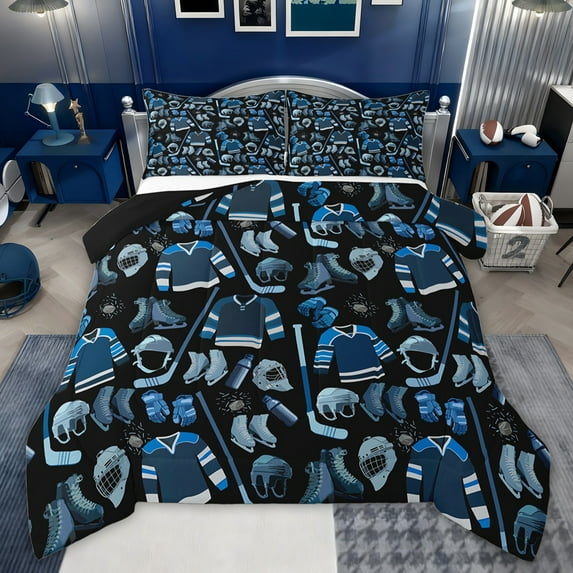Castle Fairy Ice Hockey Gamer Twin Comforter Sets,Sport Bedding Set,Black Blue Bedding Set