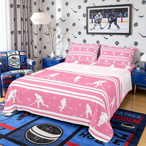 Castle Fairy Ice Hockey Print Bed Sheets 4-Piece, Pink White Stripes Full Size Sheets,1 Fitted Sheet, 1 Flat Sheet and 2 Pillowcases