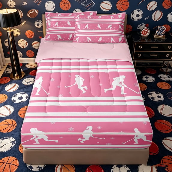 Castle Fairy Ice Hockey Print Zipper Full Size Comforter Sets with Fitted Sheet and 2 Pillowcases, Pink White Stripes Zipper Bedding Set,4pcs,Pink Reversible