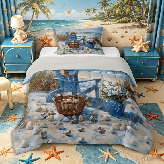 Castle Fairy Impasto Coastal Beach Chair Painting Twin Comforter Sets 2pcs,Wildflower Seashell Dune Shore Print Bedding Set,Sand Blue,Grey Reversible,1 Comforter and 1 Pillowcase