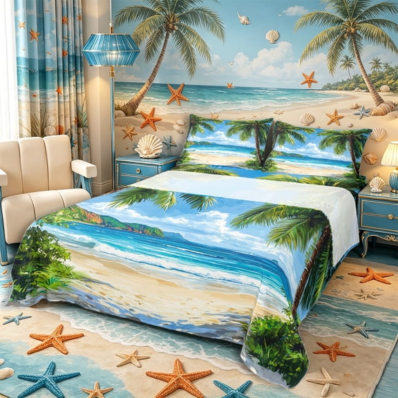 Castle Fairy Impasto Tropical Palm Beach Bed Sheets 4-Piece,Mountain Coast Sunny Seascape Print Full Size Sheets,Turquoise Sand,1 Fitted Sheet,1 Flat Sheet and 2 Pillowcases