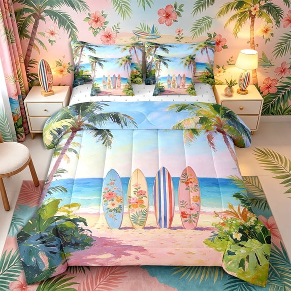 Castle Fairy Impasto Tropical Surfboard Print Full Size Bedding Sets 7 Pieces,Palm Floral Beach Coastal Art Full Size Bed in a Bag,Sky Pink,Reversible