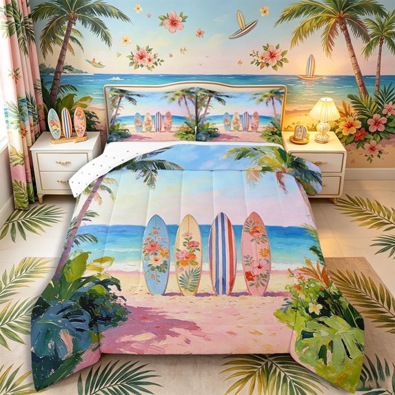 Castle Fairy Impasto Tropical Surfboard Print Full Size Comforter Sets 3-Piece,Palm Floral Beach Coastal Art Bedding Comforter Set,Sky Pink,Reversible,1 Comforter and 2 Pillowcases
