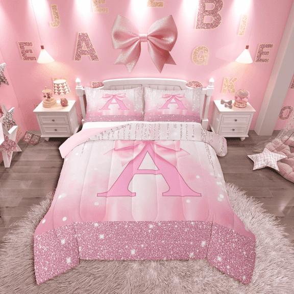 Castle Fairy Initial A Full Comforter Set (3pc): Kawaii Pink Bow, Bling Glitter Print
