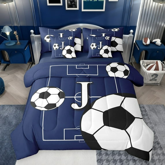 Castle Fairy Initial Alphabet J Boy Bedding Comforter Set 7 Pieces,Soccer Gamer Full Bedding Set Lightweight,Sport Theme Fitted Sheet Flat Sheet,Breathable Home Decor,Reversible