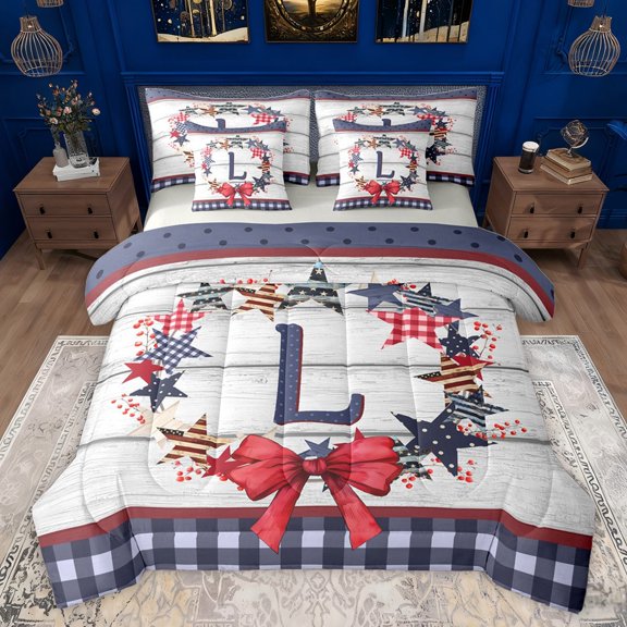 Castle Fairy Initial Alphabet L Bedding Comforter Set 7 Pieces for Adults Female Men,Kawaii Bowknot Plaid Stars Print Full Bedding Set Lightweight,Vintage USA Flag Cottage Fitted Sheet Flat Sheet