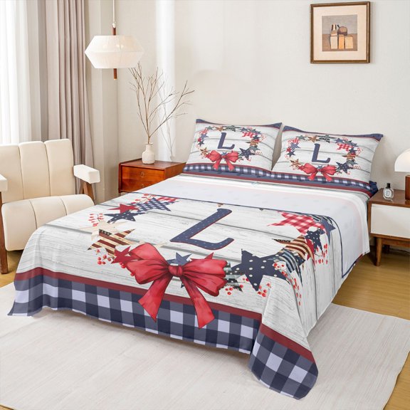 Castle Fairy Initial Alphabet L Twin Sheet Sets 3pcs for Adults Female Men,Kawaii Bowknot Plaid Stars Print Twin Fitted Sheet Microfiber,Vintage USA Flag Cottage Breathable Flat Sheet