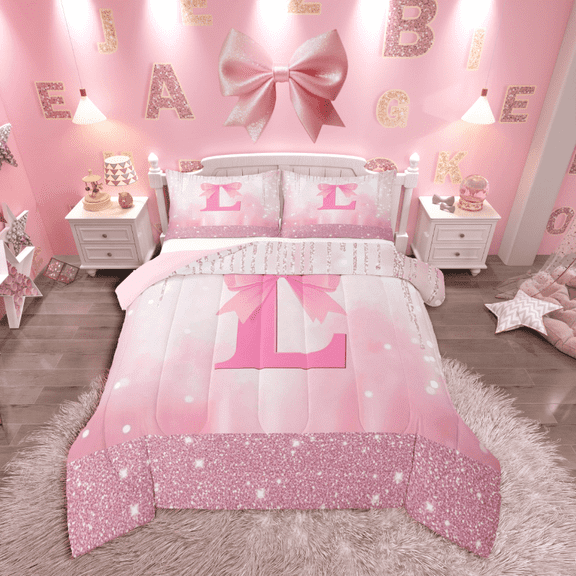 Castle Fairy Initial L 3pc Full Comforter: Bowknot, Pink White Glitter Print