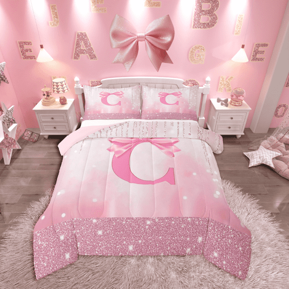 Castle Fairy Initial C Twin Comforter Set (2pc): Bowknot, Pink White Glitter Print