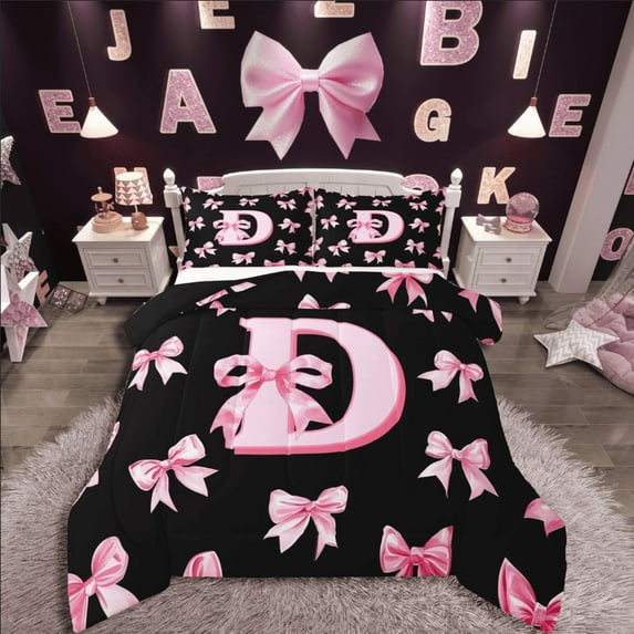 Castle Fairy Initial D 2pcs Bedding Comforter Set,Personalized Initial Twin Comforter Sets,Ribbon Bow Breathable Bedding Set,Ultra Soft Alphabet Home Decor,Reversible