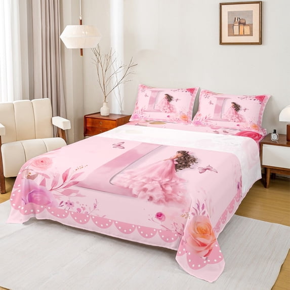 Castle Fairy Initial D 3pcs Twin Sheet Sets,Monogrammed Letter Twin Fitted Sheet,Rose Butterfly Breathable Flat Sheet,Luxury Dreamy Princess Bedroom Decor
