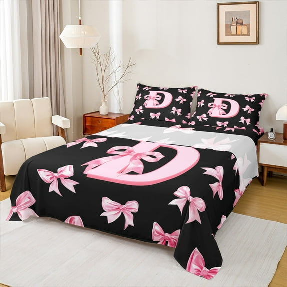 Castle Fairy Initial D 4-Piece Full Size Sheets,Personalized Initial Bed Sheets,Ribbon Bow Lightweight Sheet Sets,Ultra Soft Alphabet Home Decor