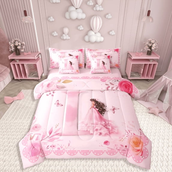Castle Fairy Initial D 7pcs Bedding Comforter Set,Monogrammed Letter Queen Bedding Sets Super Cozy,Rose Butterfly Queen Sheet Sets,Luxury Dreamy Princess Bedroom Decor,Reversible
