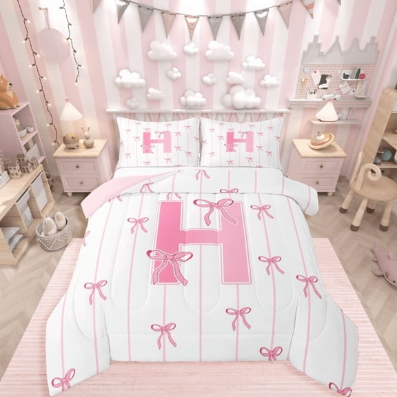 Castle Fairy Initial H 2pcs Bedding Comforter Set,Bowknot Stripes Twin Comforter Sets,Dreamy Princess Breathable Bedding Set,Ultra Soft Cute Home Decor,Reversible