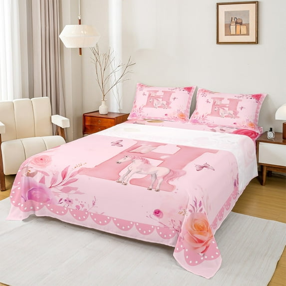 Castle Fairy Initial H 4-Piece Full Size Sheets,Monogrammed Letter Bed Sheets,Rose Butterfly Lightweight Sheet Sets,Luxury Kawaii Horse Bedroom Decor