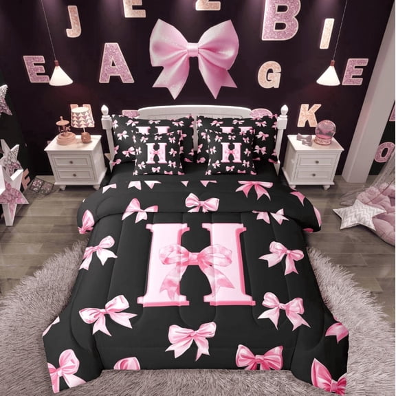 Castle Fairy Initial H 7-Piece Twin Bedding Sets,Personalized Initial Bedding Comforter Set,Ribbon Bow Breathable Sheet Sets,Ultra Soft Alphabet Home Decor,Reversible