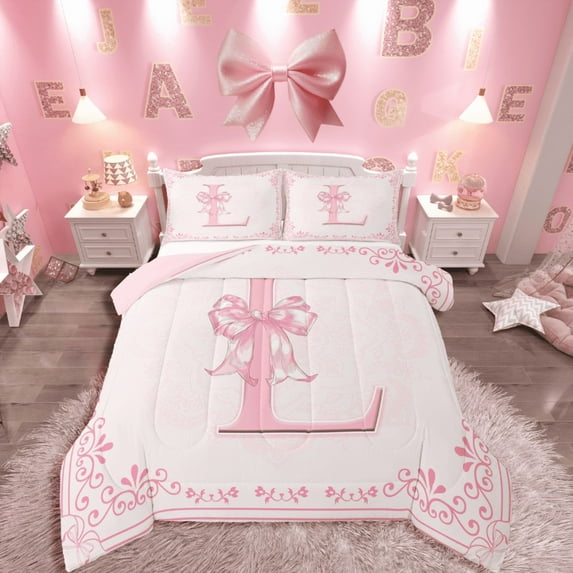 Castle Fairy Initial L 2pcs Bedding Comforter Set,Kawaii Bow Twin Comforter Sets,Dreamy Princess Breathable Bedding Set,Luxury Girls Bedroom Decor,Reversible