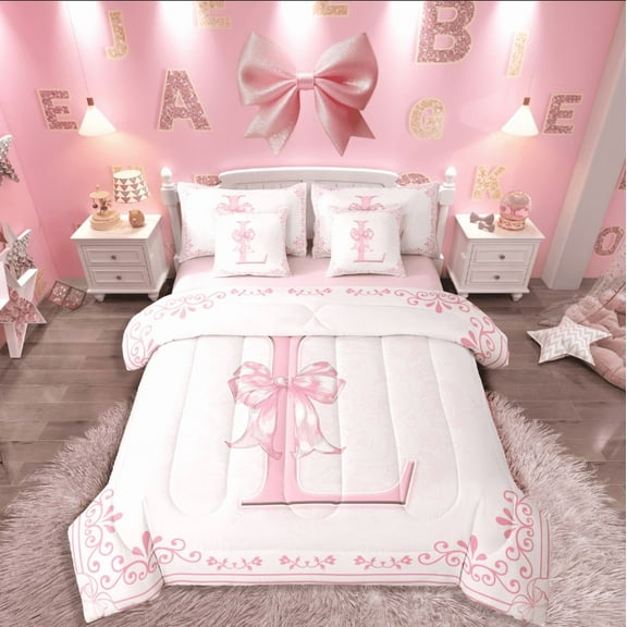 Castle Fairy Initial L 7-Piece Twin Bedding Sets,Kawaii Bow Bedding Comforter Set,Dreamy Princess Breathable Sheet Sets,Luxury Girls Bedroom Decor,Reversible