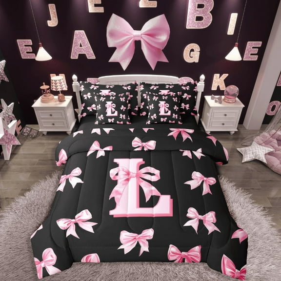 Castle Fairy Initial L 7-Piece Twin Bedding Sets,Personalized Initial Bedding Comforter Set,Ribbon Bow Breathable Sheet Sets,Ultra Soft Alphabet Home Decor,Reversible