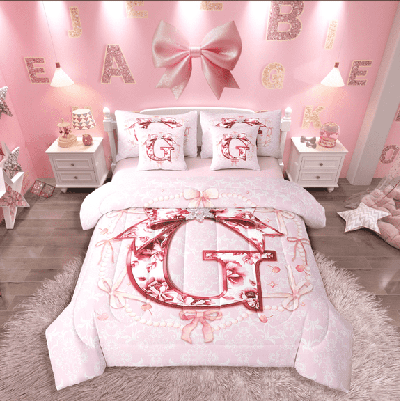 Castle Fairy Initial Monogrammed 7-Piece Twin Bedding Sets,Pink Bow Bedding Comforter Set,Floral Flower Breathable Sheet Sets,Super Cozy Alphabet Bedroom Decorative