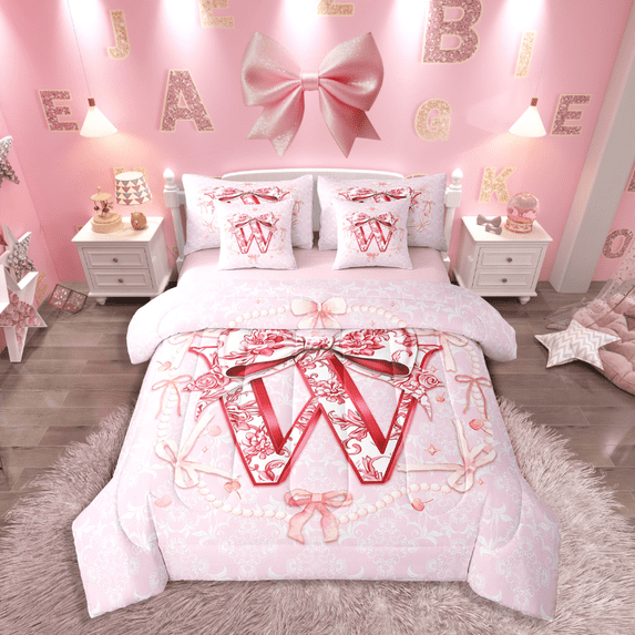 Castle Fairy Initial Monogrammed 7-Piece Twin Bedding Sets,Pink Bow Bedding Comforter Set,Floral Flower Breathable Sheet Sets,Super Cozy Alphabet Bedroom Decorative