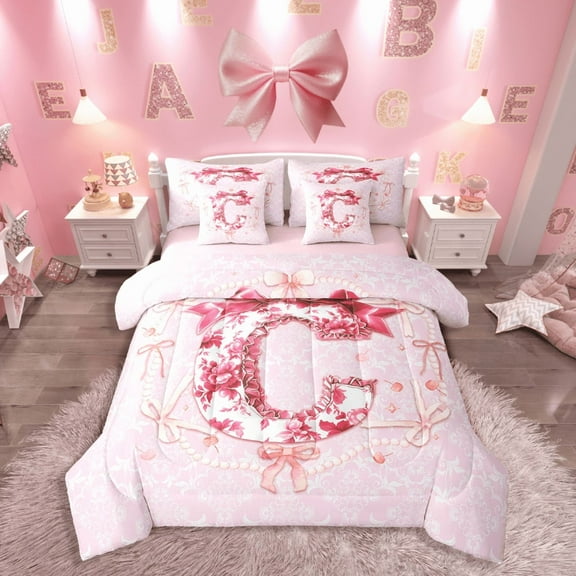 Castle Fairy Initial Monogrammed 7-Piece Twin Bedding Sets,Pink Bow Bedding Comforter Set,Floral Flower Breathable Sheet Sets,Super Cozy Alphabet Bedroom Decorative
