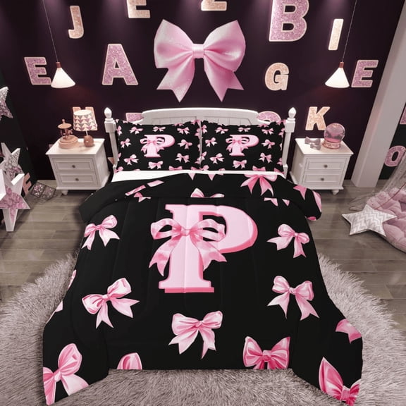 Castle Fairy Initial P 2pcs Bedding Comforter Set,Personalized Initial Twin Comforter Sets,Ribbon Bow Breathable Bedding Set,Ultra Soft Alphabet Home Decor,Reversible