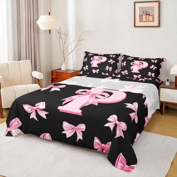 Castle Fairy Initial P 4 Pieces Queen Sheet Sets,Personalized Initial Ultra Soft Flat Sheet,Ribbon Bow Queen Fitted Sheet,Ultra Soft Alphabet Home Decor