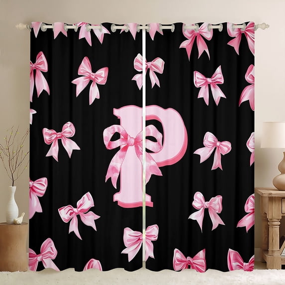 Castle Fairy Initial P Black Out Curtains,Personalized Initial Curtains Pack of 2 (42x63 Each),Ribbon Bow Bedroom Curtains,Ultra Soft Alphabet Home Decor