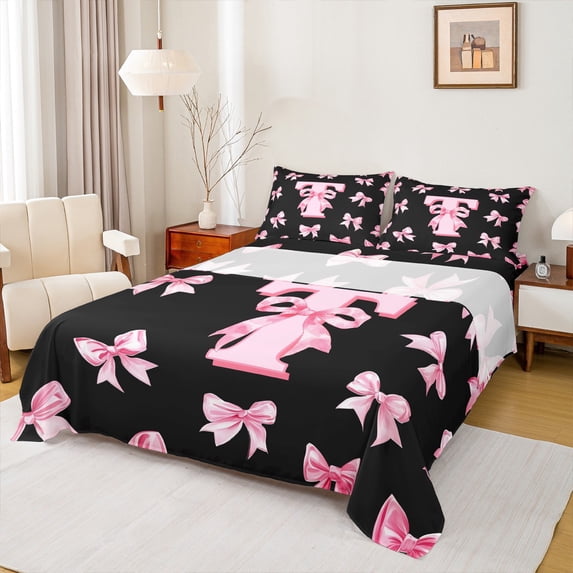 Castle Fairy Initial T 3pcs Twin Sheet Sets,Personalized Initial Twin Fitted Sheet,Ribbon Bow Breathable Flat Sheet,Ultra Soft Alphabet Home Decor