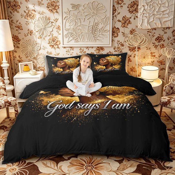 Castle Fairy Inspirational Black Woman Duvet Cover Queen,Gold Butterfly Print Queen Bedding,White Gold,Black Reversible,1 Duvet Cover and 2 Pillowcases