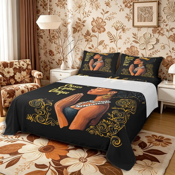 Castle Fairy Inspirational Black Woman King Sheets 4pcs,Crown Quote Print Bedding,Gold Brown,1 Fitted Sheet, 1 Flat Sheet and 2 Pillowcases