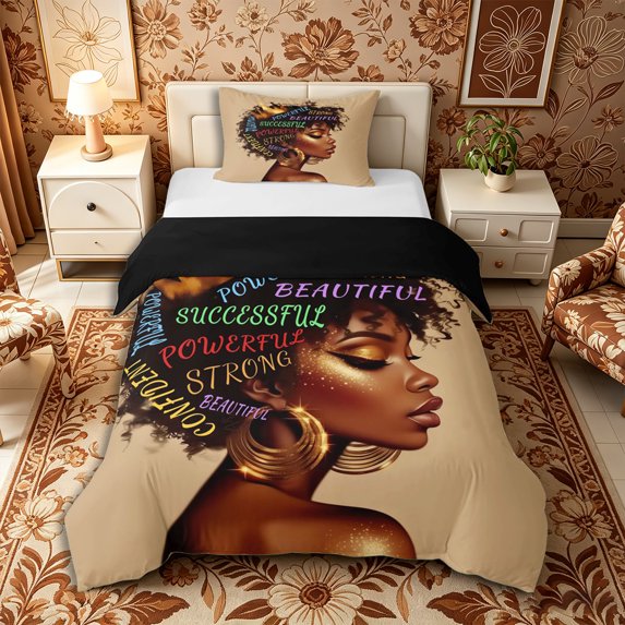 Castle Fairy Inspirational Black Woman Twin Duvet Cover,Crown Quote Print Twin Bedding,Gold Beige,Black Reversible,1 Duvet Cover and 1 Pillowcase