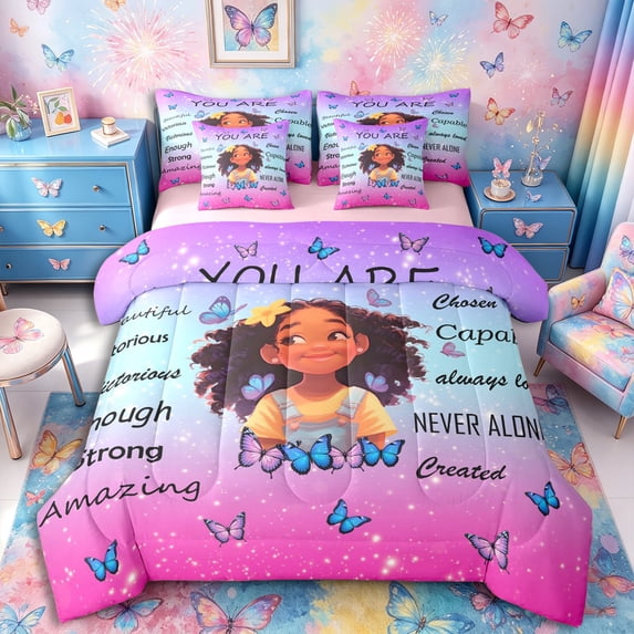 Castle Fairy Inspirational Girl Twin Bedding 7-Piece,Butterfly Quote Art Bedding Comforter Set,Purple