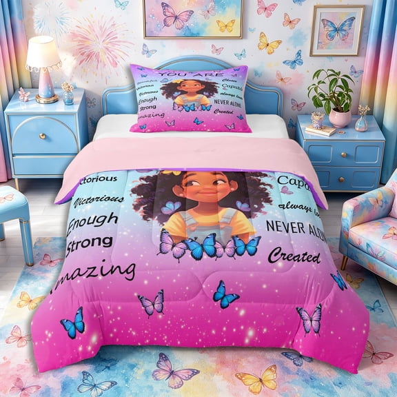 Castle Fairy Inspirational Girl Twin Comforter Sets 2pcs,Butterfly Quote Art Bedding Set,Purple,1 Comforter and 1 Pillowcase