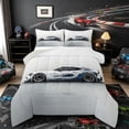 thumbnail image 1 of Castle Fairy JDM Wave Sports Car Queen Comforter Set 3pcs for Teens, Minimalist Print Bedding Comforter Set for Bedroom, White Blue,Grey Reversible, 1 of 6