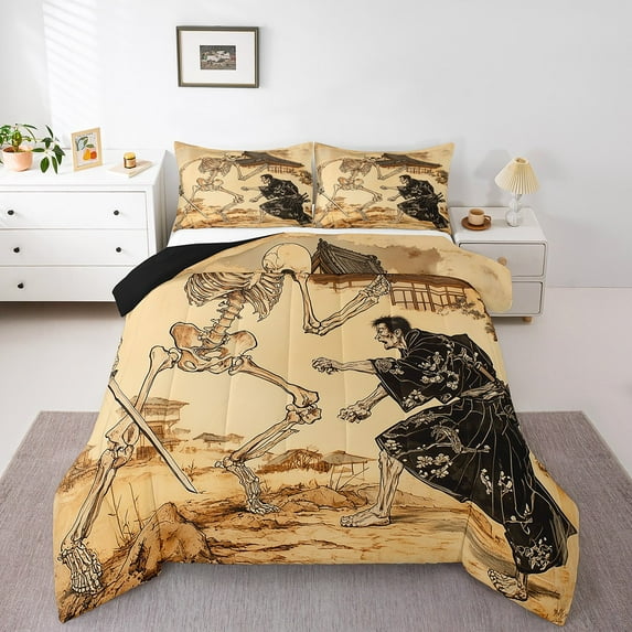 Castle Fairy Japanese Samurai 2pcs Bedding Comforter Set,Abstract Vintage Twin Comforter Sets,Exotic Style Breathable Bedding Set,Ultra Soft Skull Home Decor,Reversible