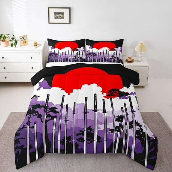 Castle Fairy Japanese Samurai 3-Piece Full Size Comforter Sets,Purple Red Bedding Comforter Set,Traditional Art Lightweight Bedding Sets,Lightweight Abstract Room Decor,Reversible
