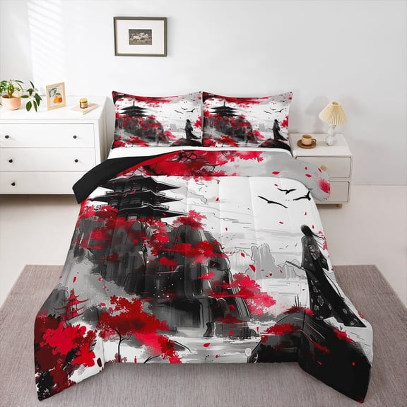 Castle Fairy Japanese Samurai 3 Pieces Queen Comforter Set for Boys Girls,Anime Exotic Style Ultra Soft Bedding Sets,Black Red Bedding Comforter Set Breathable,Lightweight Room Decor,Reversible