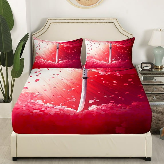 Castle Fairy Japanese Samurai 3pcs Twin Sheet Sets,Cherry Blossom Twin Fitted Sheet,Chic Flower Breathable Flat Sheet,Breathable Flower Home Decor