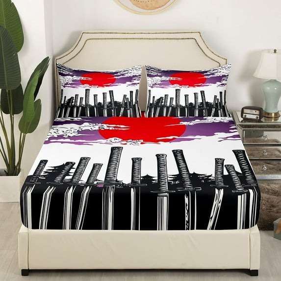 Castle Fairy Japanese Samurai 3pcs Twin Sheet Sets,Japanese Style Twin Fitted Sheet,Red Sun Breathable Flat Sheet,Luxury Teenager Bedroom Decor