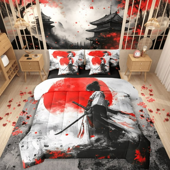 Castle Fairy Japanese Samurai 7pcs Bedding Comforter Set,Watercolor Splash Queen Bedding Sets Super Cozy,Abstract Vintage Queen Sheet Sets,Super Cozy Exotic Room Decor,Reversible