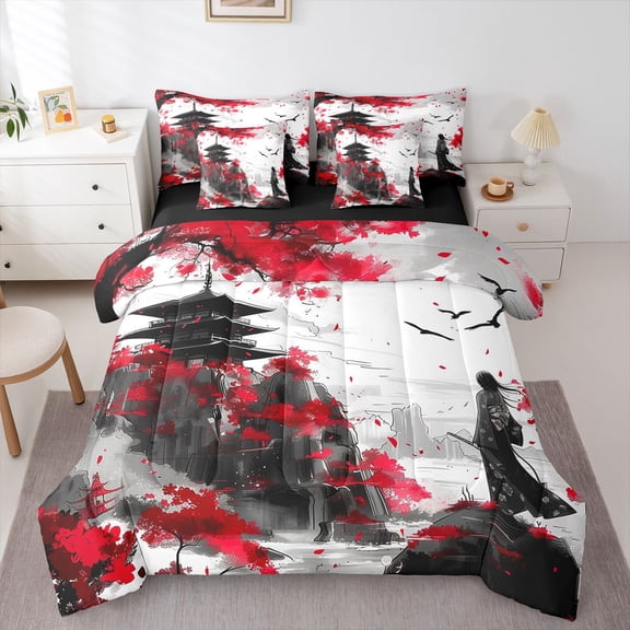 Castle Fairy Japanese Samurai Bedding Comforter Set 7 Pieces for Boys Girls,Anime Exotic Style Full Bedding Set Lightweight,Black Red Fitted Sheet Flat Sheet,Lightweight Room Decor,Reversible
