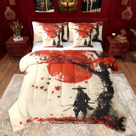 Castle Fairy Japanese Samurai Bedding Comforter Set 7pcs for Boys Girls,Oriental Ukiyoe Queen Bedding Sets Super Cozy,Red Maple Leaves Queen Sheet Sets,Lightweight Room Decor,Reversible